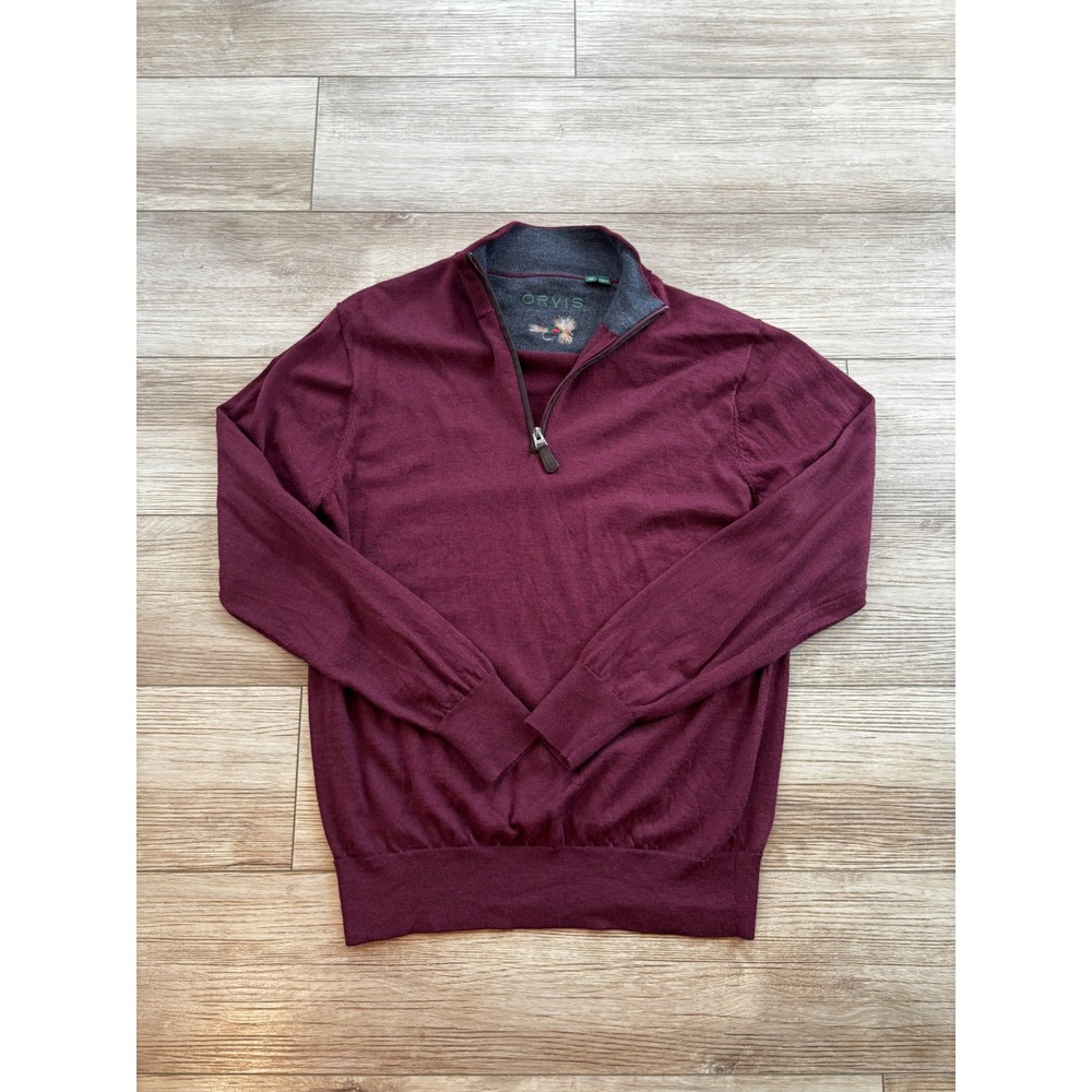 Orvis Mens Quarter Zip Sweater Burgundy 100% Merino Wool Fly Lure Size M